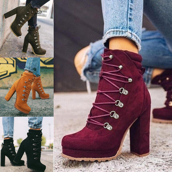 Round Toe Lace UP High Heel Mid-Calf Boots