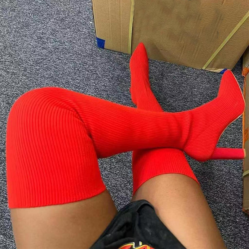 Knee High Pointed Toe High Heel Stretch Knitting Boot