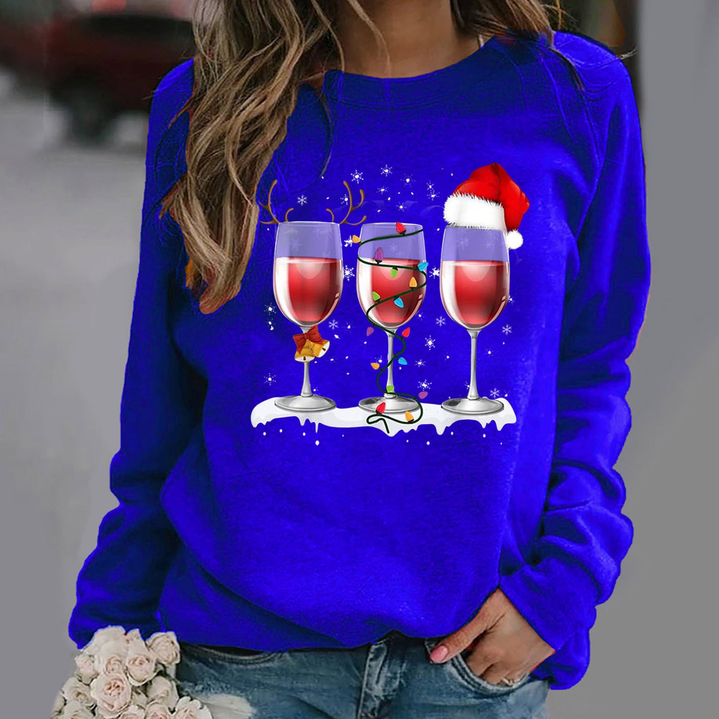 Printed Long Sleeve Round-neck Non-hoodie Sweater For Women