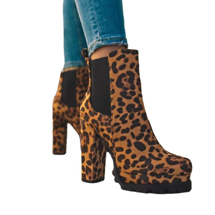 Round-toe Ankle Boots Solid or Leopard Print W/Thick Square High Heel