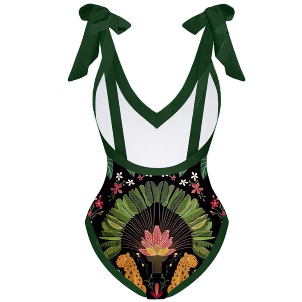 Vintage Women One Piece Swimsuit Deep V Green Swimwear Cover Up