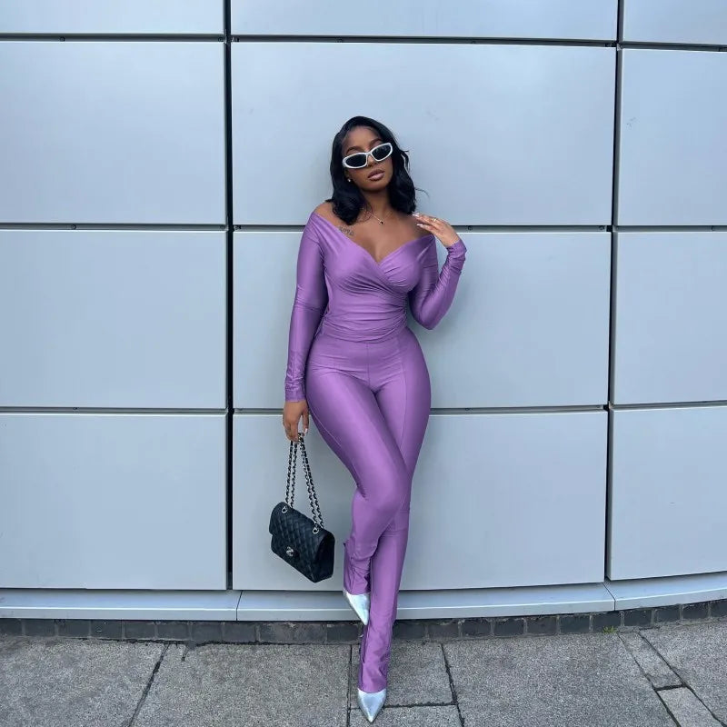 Oshfall Autumn New Fashion Retro Solid Two-Piece V-neck Long Sleeved Top+High Waist Slim Pants Women Sexy Street Casual Suit
