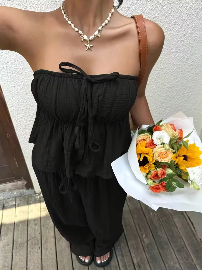 2 Piece Sets Woman Outfits, New Women's Casual Two-Piece Lace Up Top and Pants