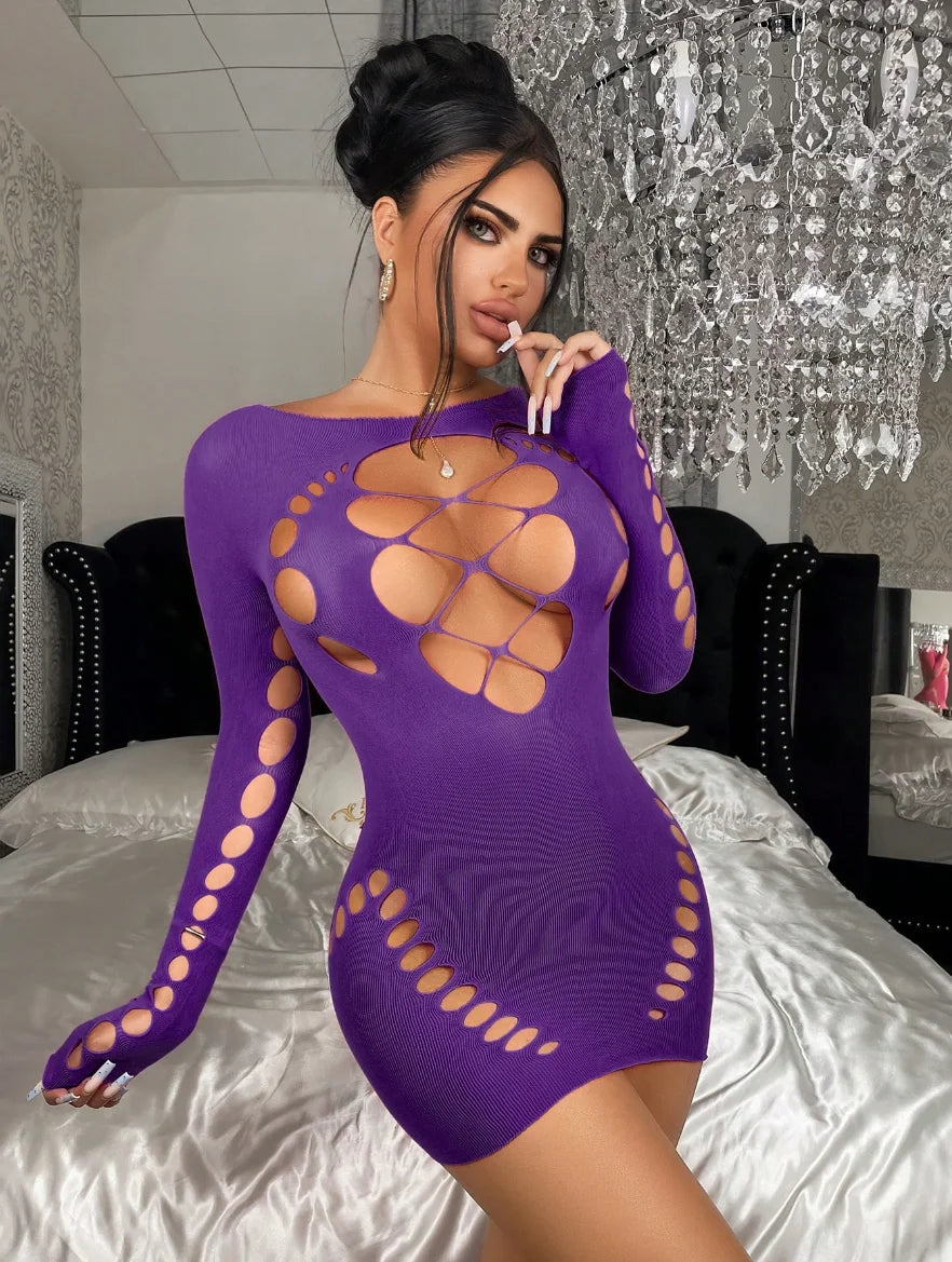 Women'S Sexy Halter Neck Bodycon Dress with Cut-Out & Fishnet Stretchy Lingerie Sleepwear, Evening Wear, Elegant Nightgown