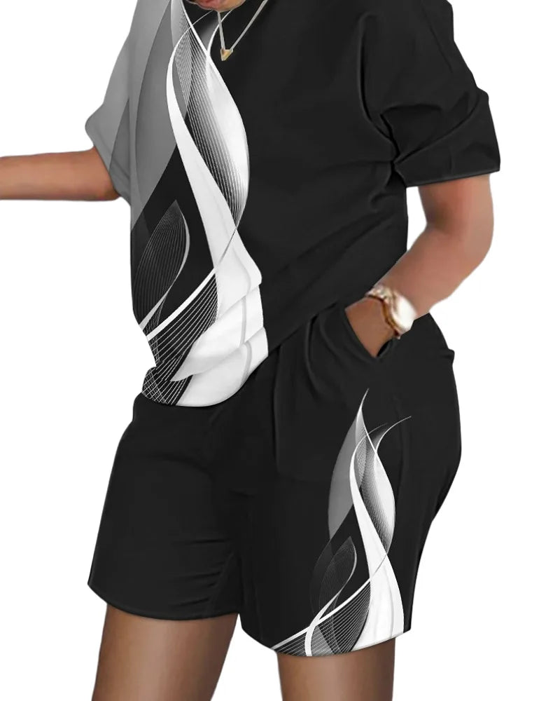 Women's T-Shirt 2 Piece Set Summer Elegant Casual White Short Sleeve Blouses Shorts Pockets Women Suit Streetwear Female Clothes