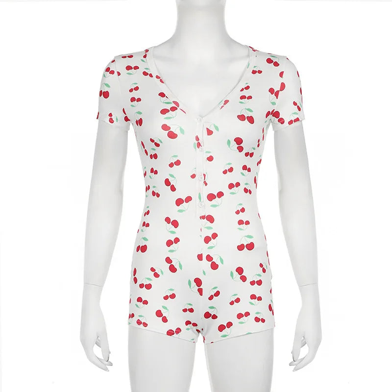 Pajamas Women's Onesies Front Button Cherry Print V-Neck Short Sleeve Romper Jumpsuit Nightgown Loungewear Sleepwear
