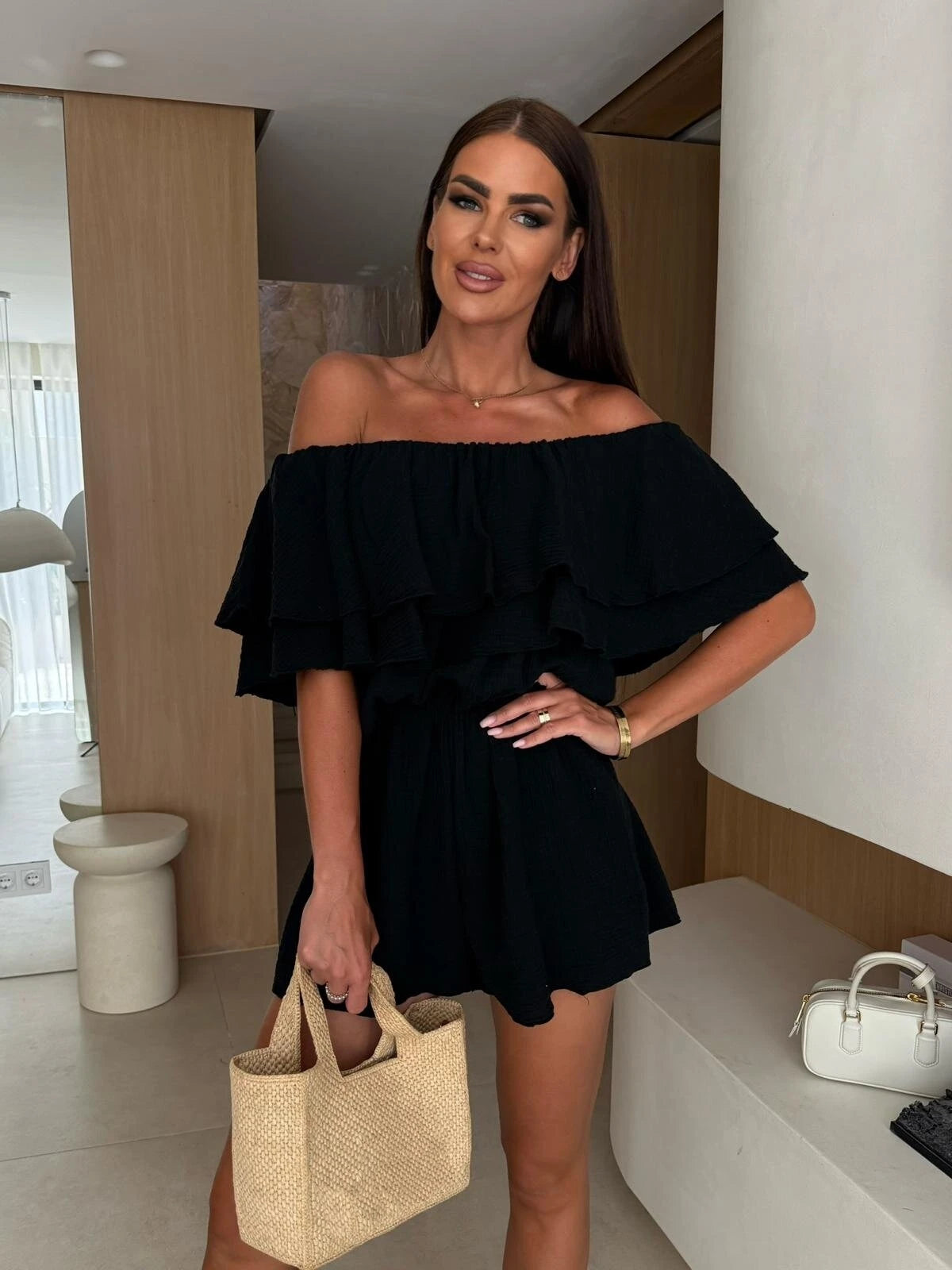 Women's Off Shoulder Ruffled Layered Romper Casual Short Jumpsuit for Summer Daily Wear and Beach Outings