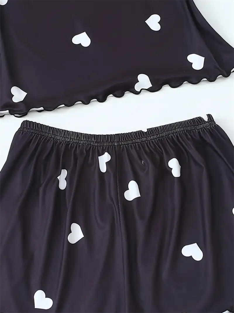 5 Size Choose S M L XL 2XLWomen's Two-Piece Suspender Heart Printed Top and Shorts Women's Casual Printed Pajama Set