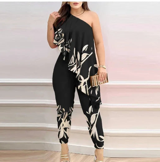 Temperament Womens Rompers 2023 Diagonal Shoulder Ruffled Jumpsuit for Women 2025