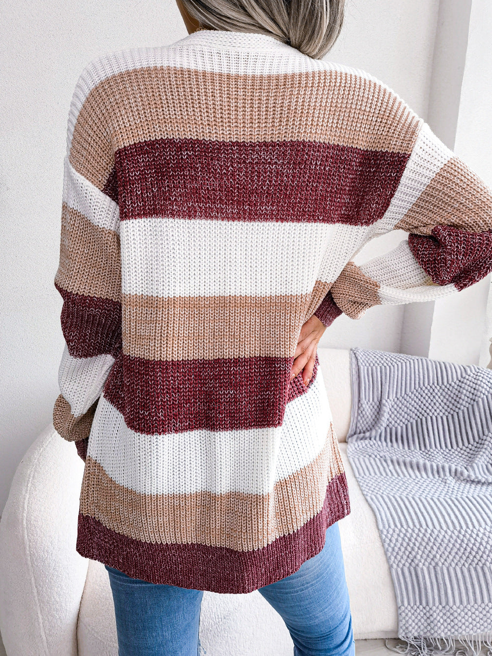 Plaid Sweater Women Casual Lantern Sleeves Cardigan
