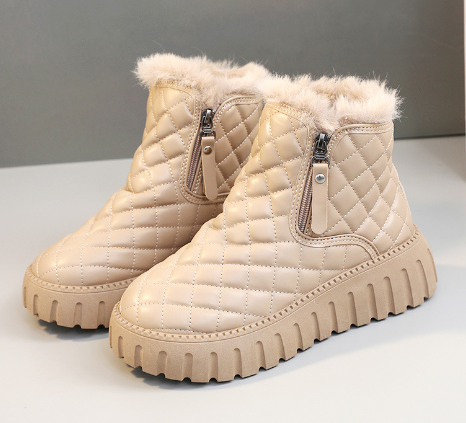 Women's Plaid Pattern Platform Ankle Boots W/Side Zipper & Plush Lined Snow Boots