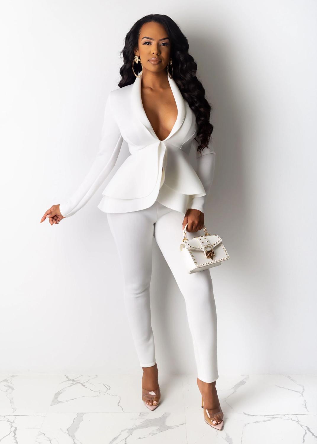 New Winter Womens Full Sleeve Ruffles Blazers Pencil Pants Office Lady Outfit
