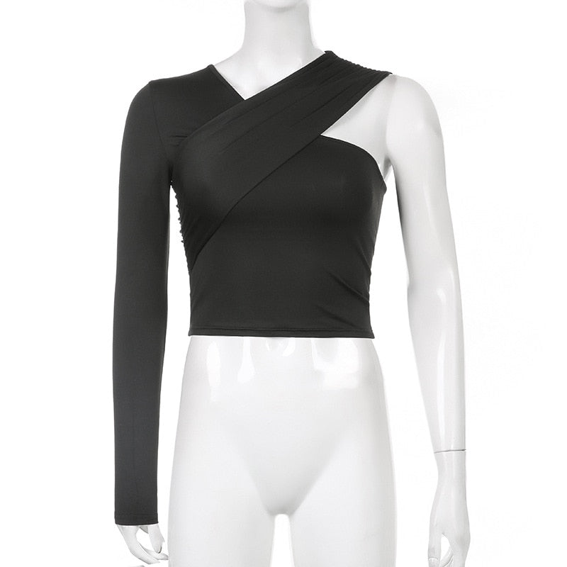 Asymmetrical V Neck One-shoulder Solid Women Streetwear Crop Tops