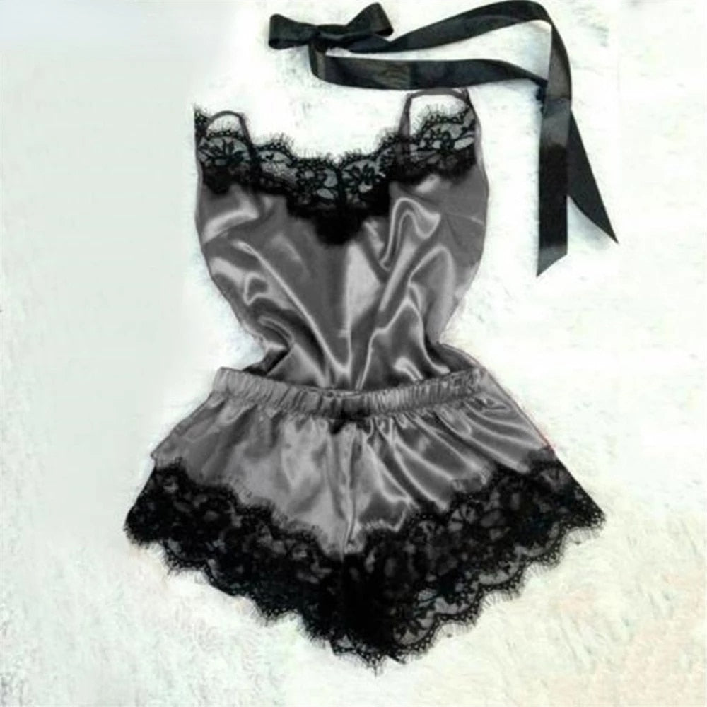 Women Pajama Suit Fashion V-Neck Stretch Satin Babydoll Lace
