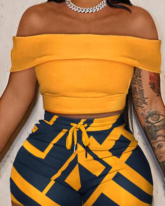 Two Piece 2023 Summer Off Shoulder Short Sleeve Crop Top Geometric Print Set