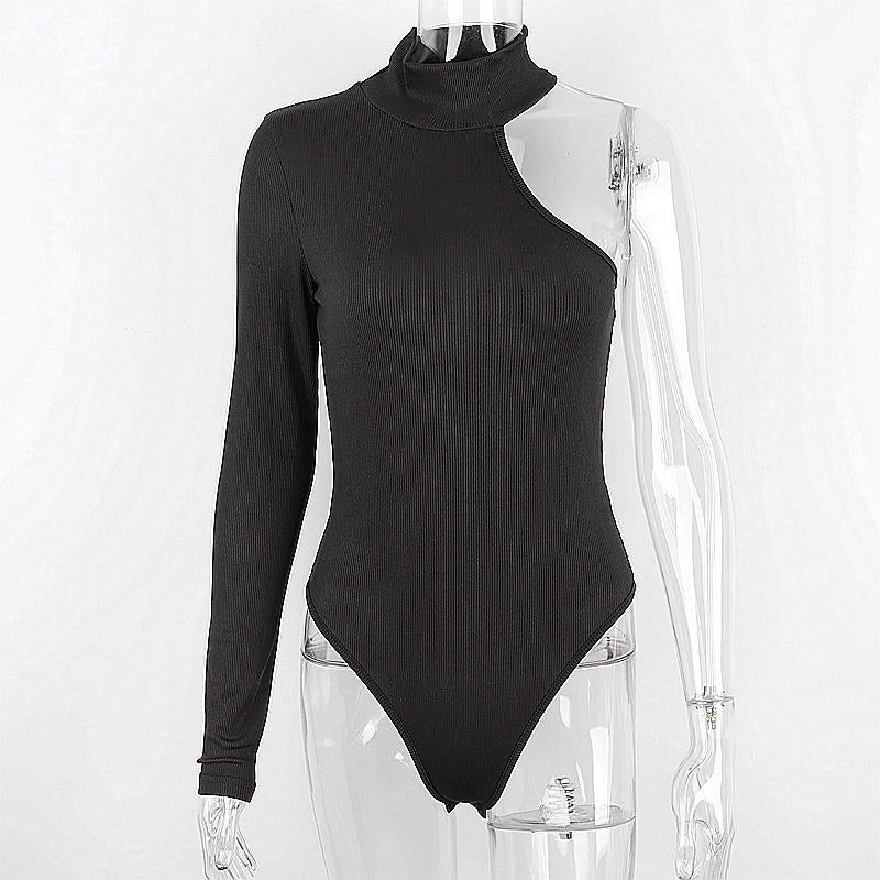 Sexy Single Shoulder Bodysuit Elegant Women Black Knit Long Sleeve Skinny Tops Summer Fashion High Streetwear Bodysuits