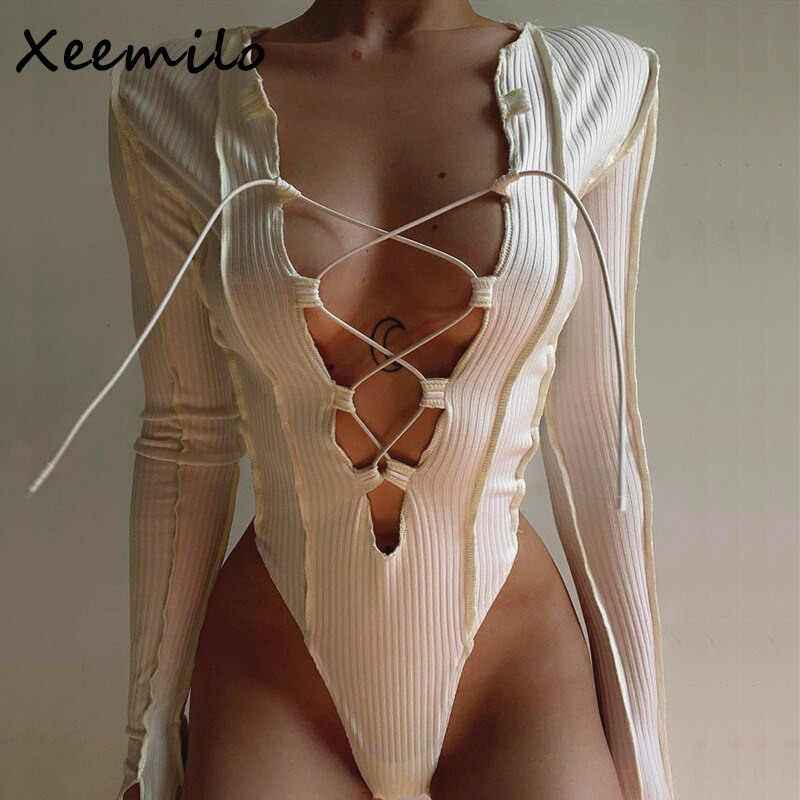 Xeemilo Sexy Crossing Bandage Hollow Out Bodysuit Aesthetic Ribbed Long Sleeve Bodycon Bodice Y2K Women Night Club Bodysuits