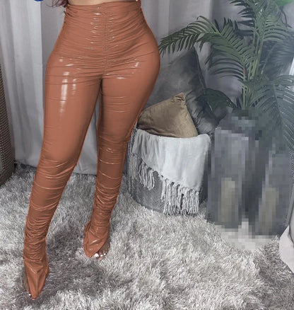 Women's High-Waist PU Slim-Fit Pants