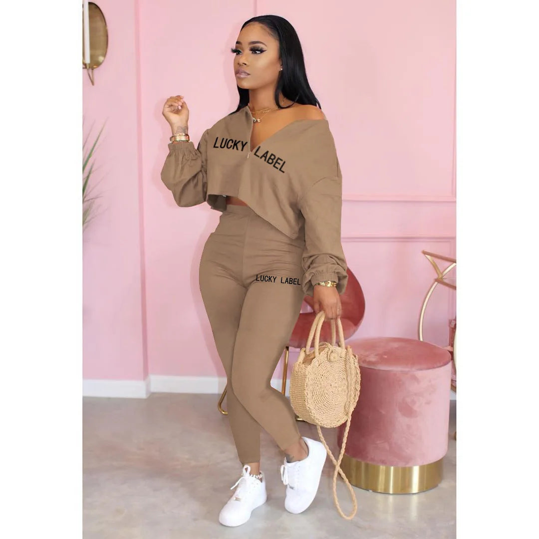 Women's V-Neck Zip Top & High-Waist Pants Lounge Set