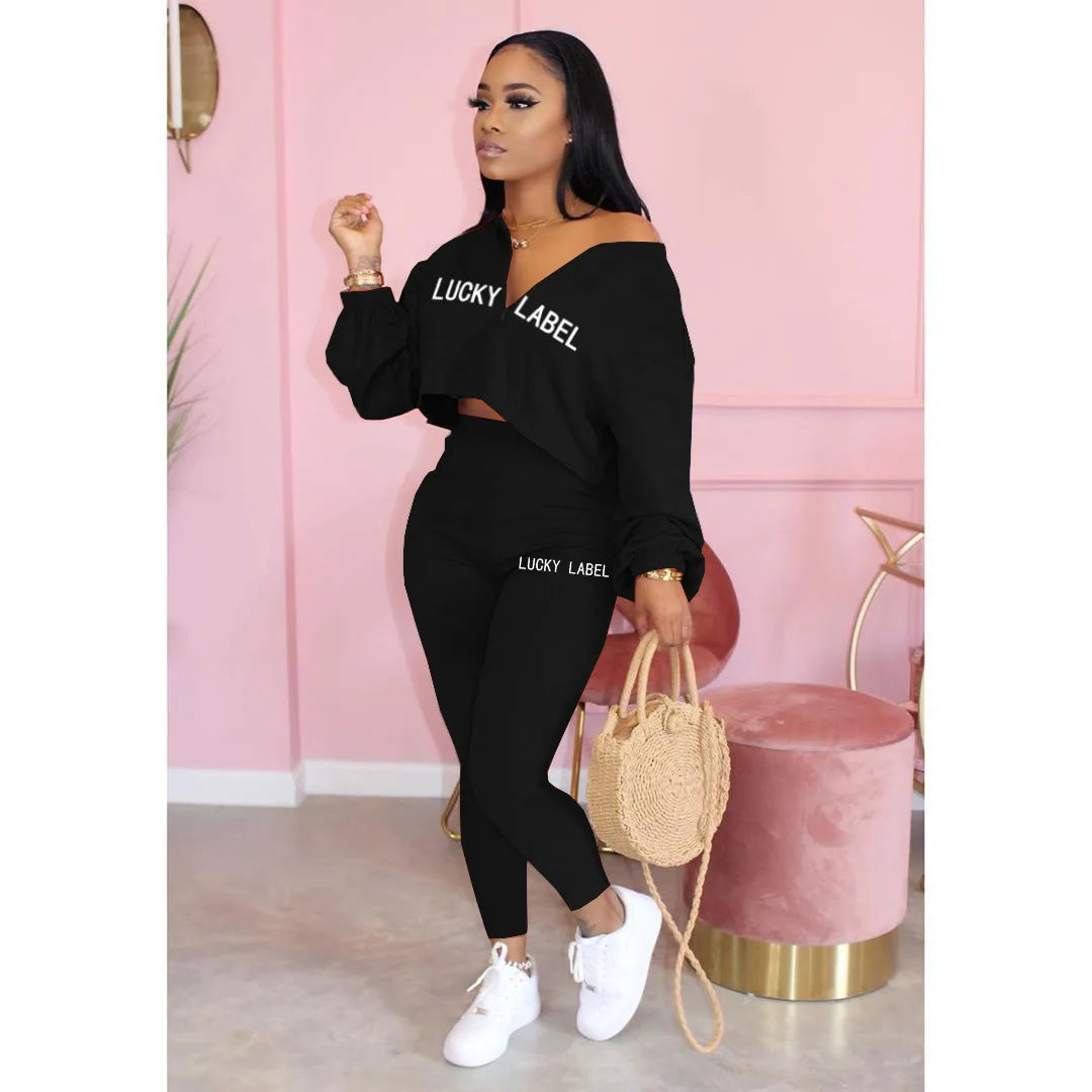Women's V-Neck Zip Top & High-Waist Pants Lounge Set