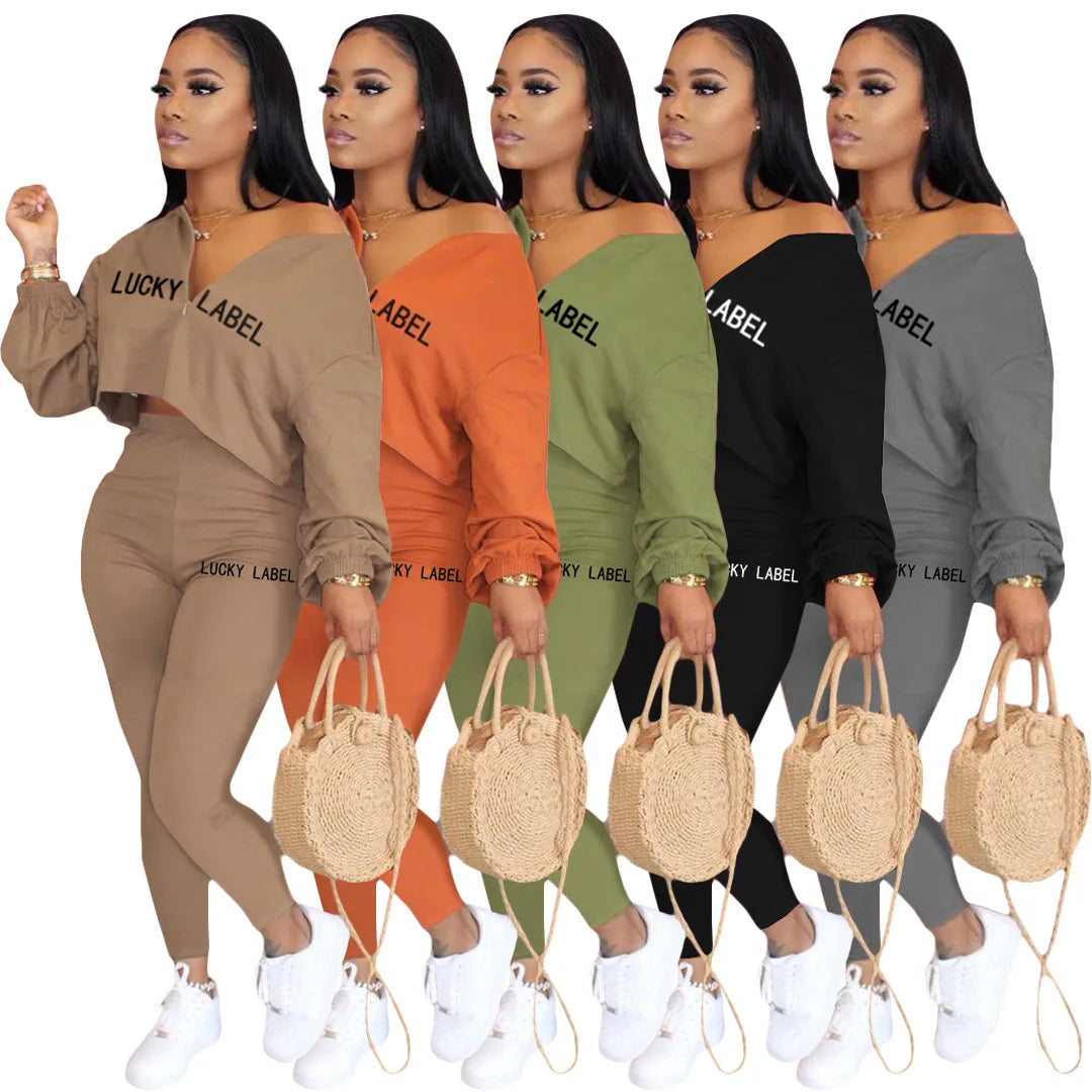 Women's V-Neck Zip Top & High-Waist Pants Lounge Set
