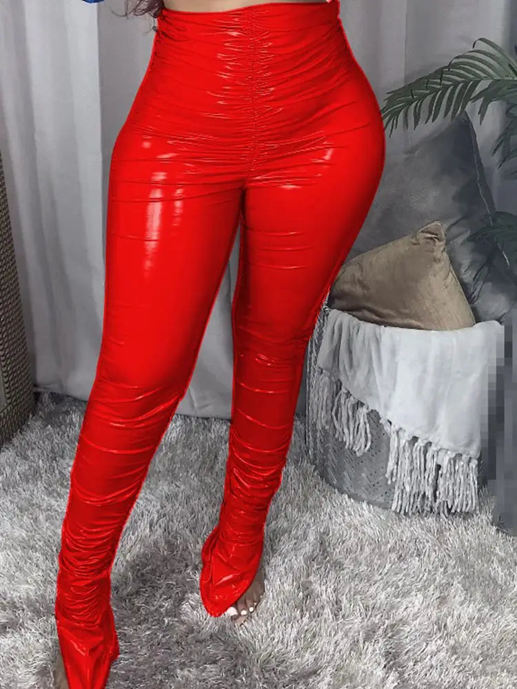Women's High-Waist PU Slim-Fit Pants