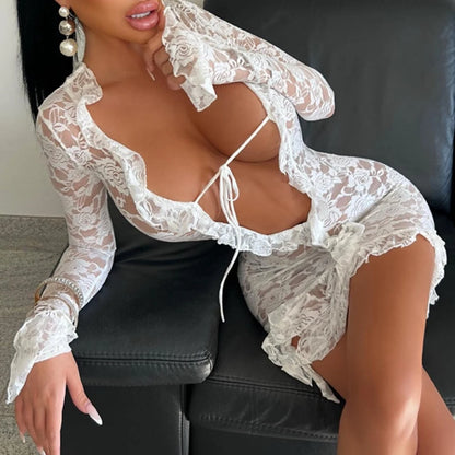 Women's Lace Tie Deep V-Neck Long Sleeve Maxi Dress