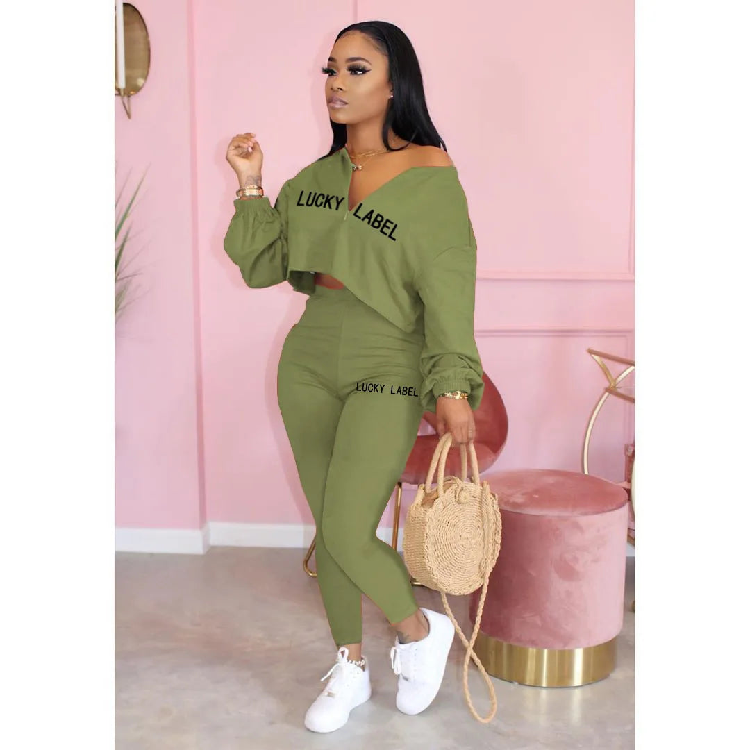 Women's V-Neck Zip Top & High-Waist Pants Lounge Set