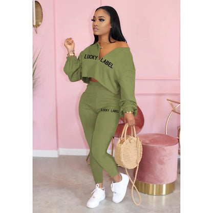 Women's V-Neck Zip Top & High-Waist Pants Lounge Set