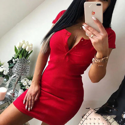 Ribbed Knit V-Neck Bodycon Mini Dress