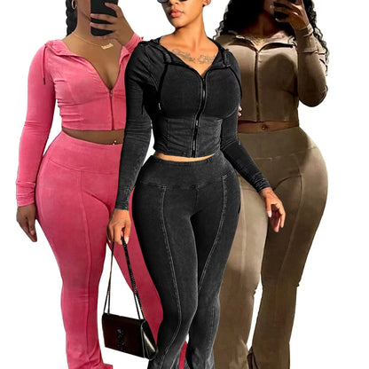 Women’s Acid-Wash Zip-Up Hoodie & Flared Pants Set