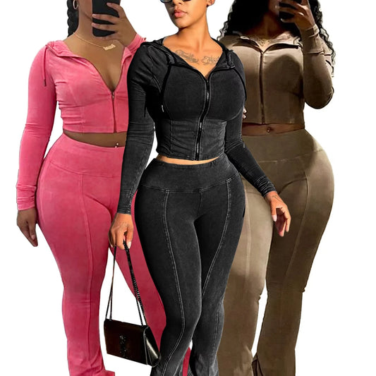Women’s Acid-Wash Zip-Up Hoodie & Flared Pants Set