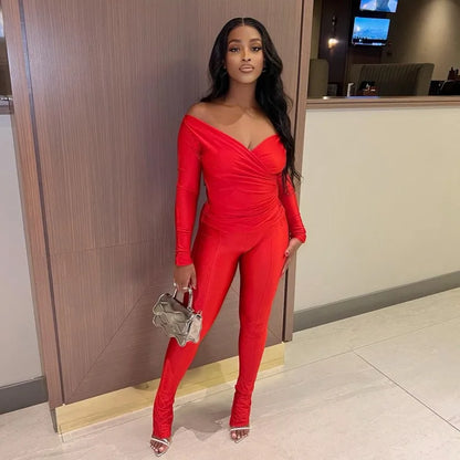 Oshfall Autumn New Fashion Retro Solid Two-Piece V-neck Long Sleeved Top+High Waist Slim Pants Women Sexy Street Casual Suit