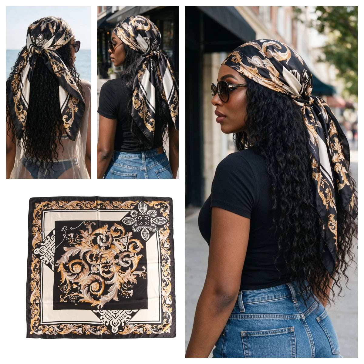 Women's Black Baroque Square Scarf | Headscarf, Bandana & Beach Wrap