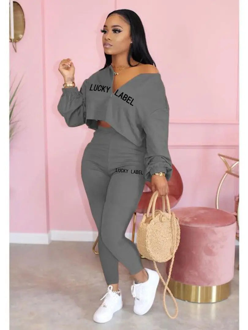 Women's V-Neck Zip Top & High-Waist Pants Lounge Set