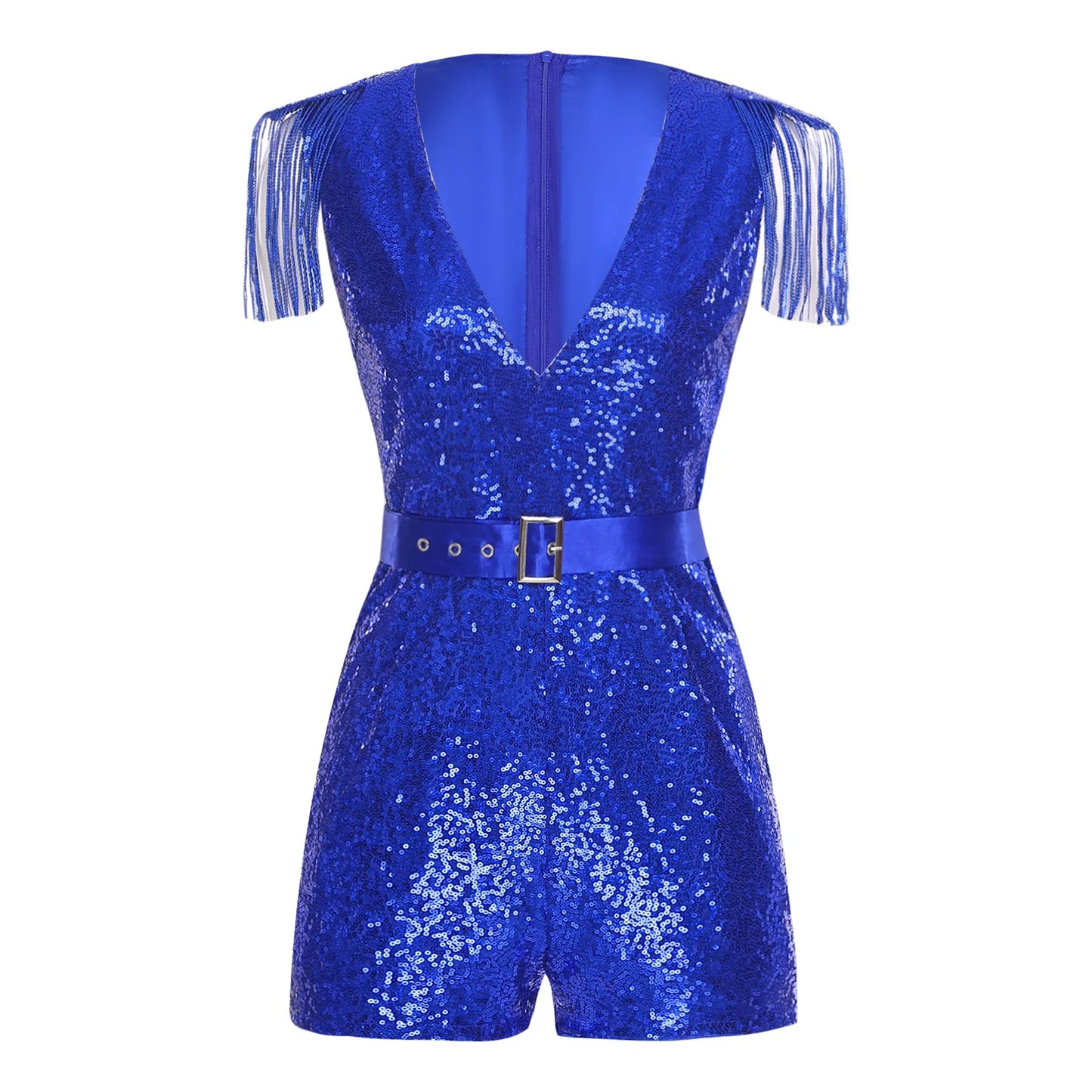 Women Fashion Romper Sequined Tassels Jumpsuits Hot V-neck Sleeveless Sparkly with Belt Rave Disco Club Wedding Party Costume