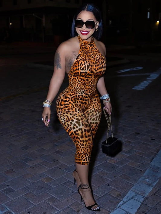 Backless Romper Women Halter Bandage Leopard Print Fit Tight Stretch Summer Sexy Hipster Activity Workout Playsuits