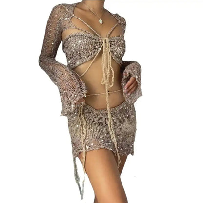 Women Sexy Dancing Dress Set Women's 2023 New Beaded Knitted Sweater Three Piece Set Fashion Looking