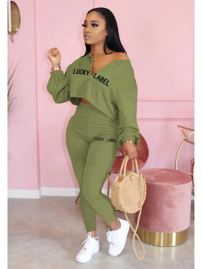 Women's V-Neck Zip Top & High-Waist Pants Lounge Set