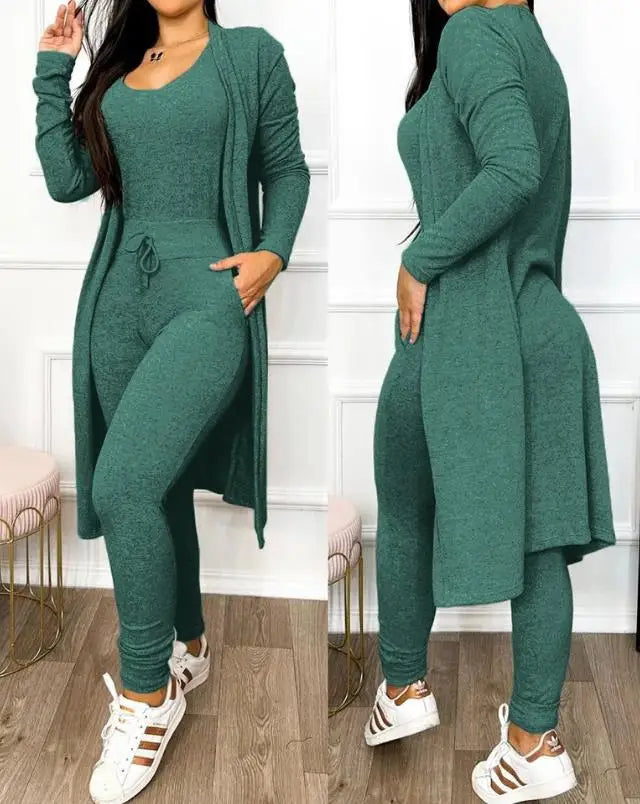 Sleeveless V-Neck Jumpsuit & Long Sleeve Coat 2-Piece Set