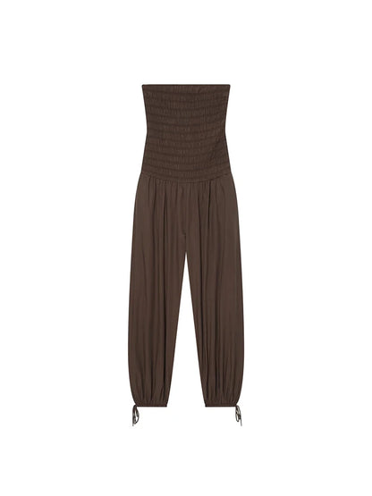 New Low Cut Rompers Playsuits For Ladies Solid High Waist Tube Top Casual Jumpsuit Fashion Sexy Strapless Wide Leg Pant Jumpsuit