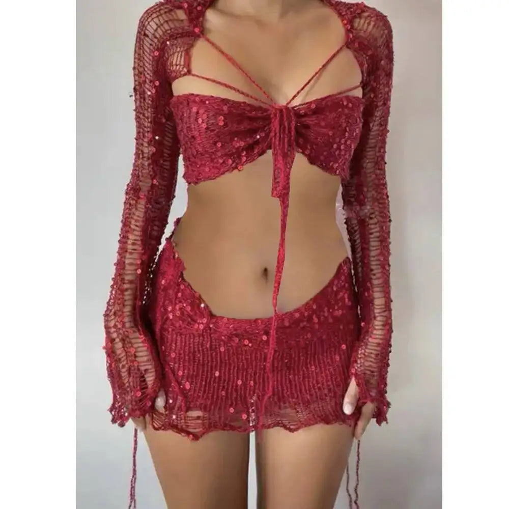 Women Sexy Dancing Dress Set Women's 2023 New Beaded Knitted Sweater Three Piece Set Fashion Looking