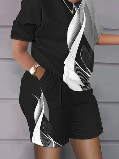 Women's T-Shirt 2 Piece Set Summer Elegant Casual White Short Sleeve Blouses Shorts Pockets Women Suit Streetwear Female Clothes