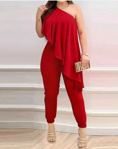 Temperament Womens Rompers 2023 Diagonal Shoulder Ruffled Jumpsuit for Women 2025