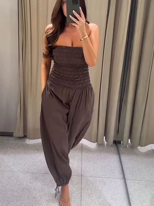 New Low Cut Rompers Playsuits For Ladies Solid High Waist Tube Top Casual Jumpsuit Fashion Sexy Strapless Wide Leg Pant Jumpsuit