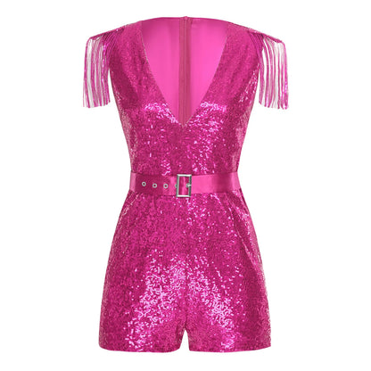 Women Fashion Romper Sequined Tassels Jumpsuits Hot V-neck Sleeveless Sparkly with Belt Rave Disco Club Wedding Party Costume