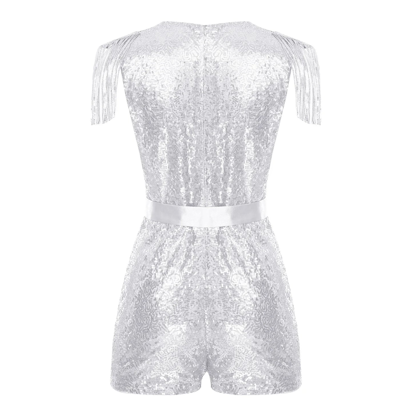 Women Fashion Romper Sequined Tassels Jumpsuits Hot V-neck Sleeveless Sparkly with Belt Rave Disco Club Wedding Party Costume