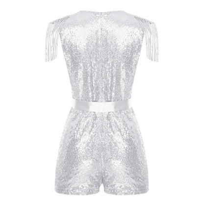 Women Fashion Romper Sequined Tassels Jumpsuits Hot V-neck Sleeveless Sparkly with Belt Rave Disco Club Wedding Party Costume
