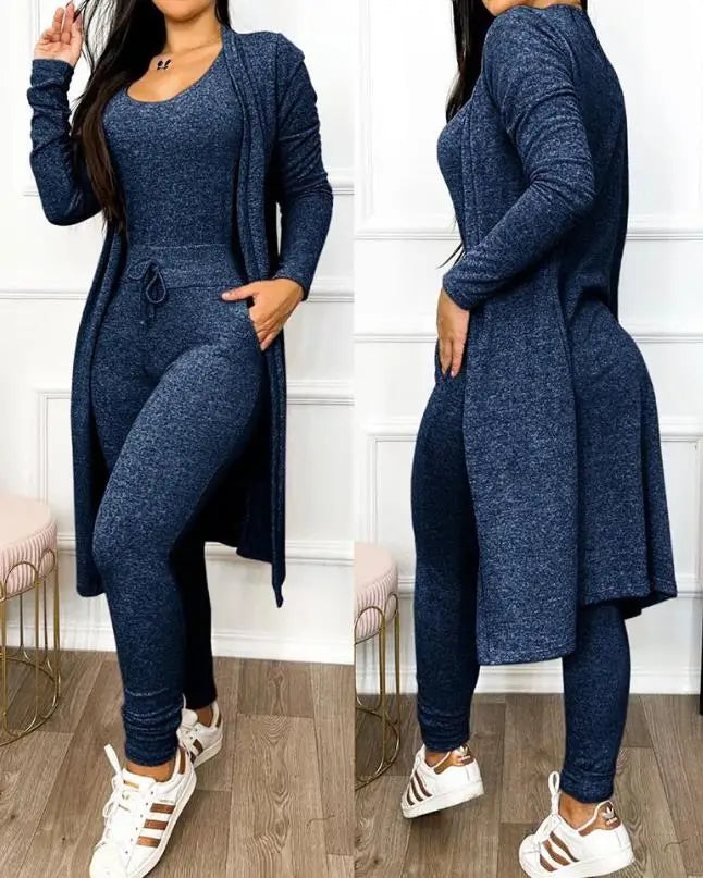 Sleeveless V-Neck Jumpsuit & Long Sleeve Coat 2-Piece Set