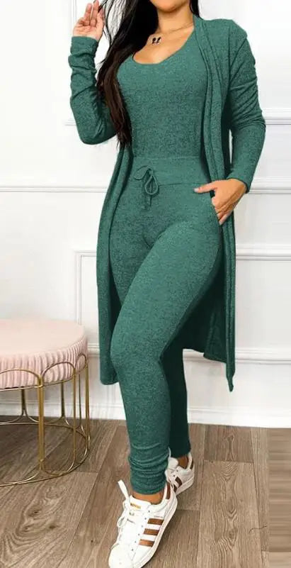 Sleeveless V-Neck Jumpsuit & Long Sleeve Coat 2-Piece Set